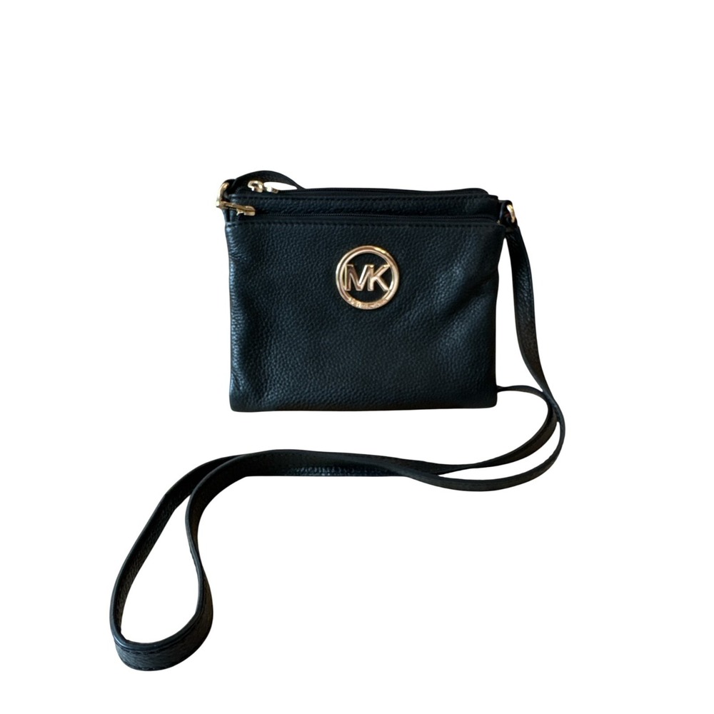 Michael‎ Kors Fulton Black Pebbled Leather Crossbody Bag Snap & Zipper Gold Logo